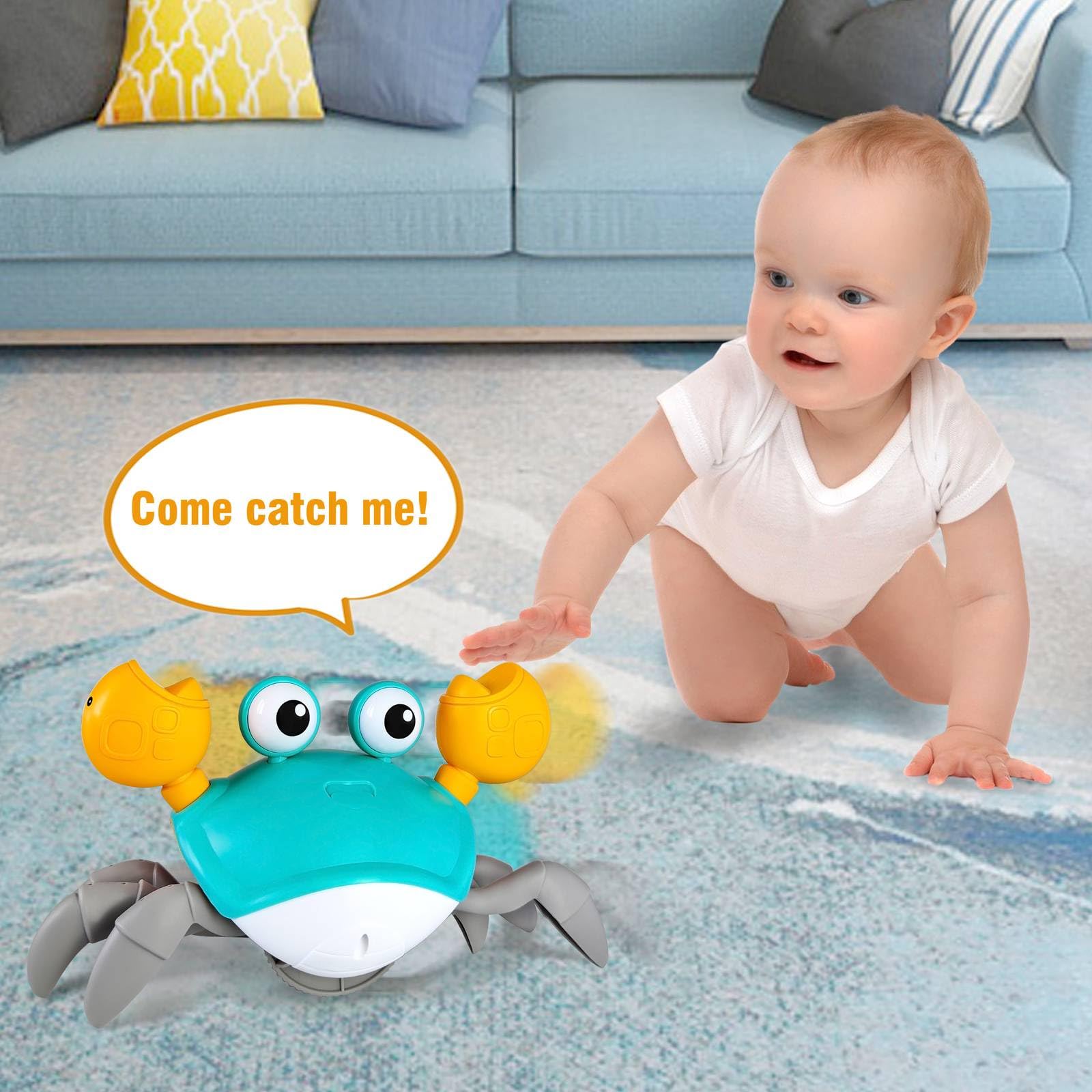 JATOTVE Baby Toys Crawling Crab Tummy Time Toy, Dancing Moving Walking Escape Cute Crab Learning Crawl Boy/Girl Gift, Interactive Development Sensory Toy for Infants Babies Toddlers Kids (Blue)