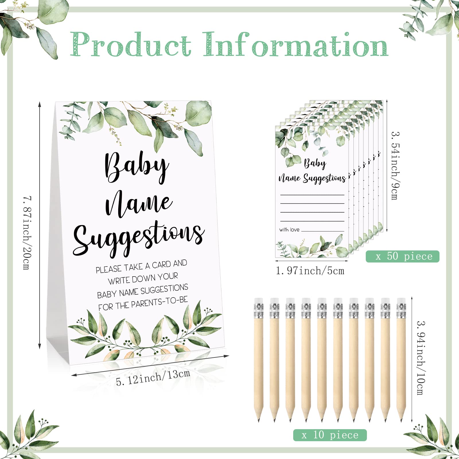 61 Pieces Baby Shower Games Include Greenery Baby Name Suggestion Sign and 50 Baby Shower Name Suggestion Cards with 10 Pencils for Baby Shower Party Decor