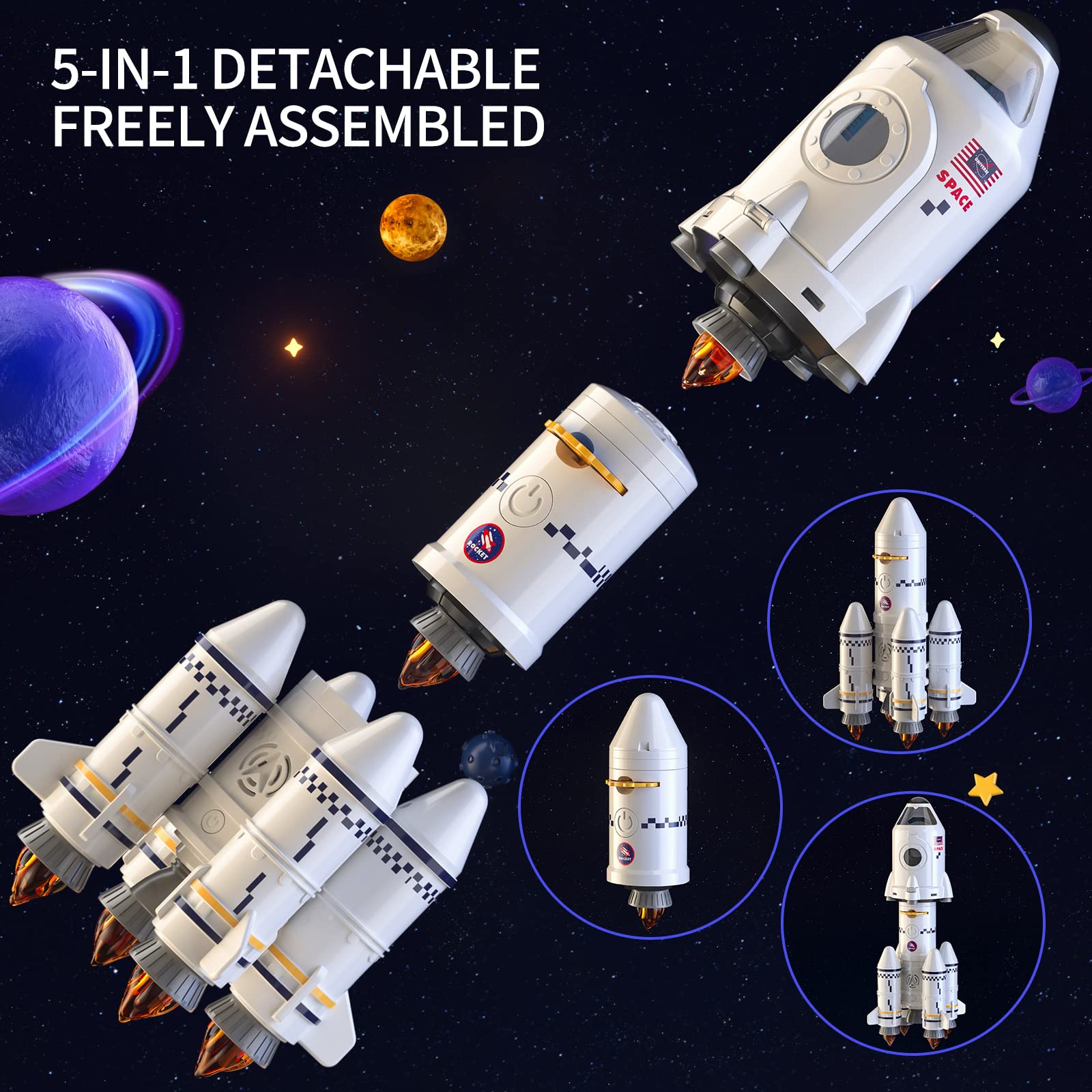 TEMI Space Shuttle Rocket Toys for 3 4 5 6 7 8 9 Years Old Kids Science Educational 5-in-1 STEM Aerospace Toys with 2 Astronauts, Projection Lamp, Space Adventure Toys Gift for Boys Girls 3+