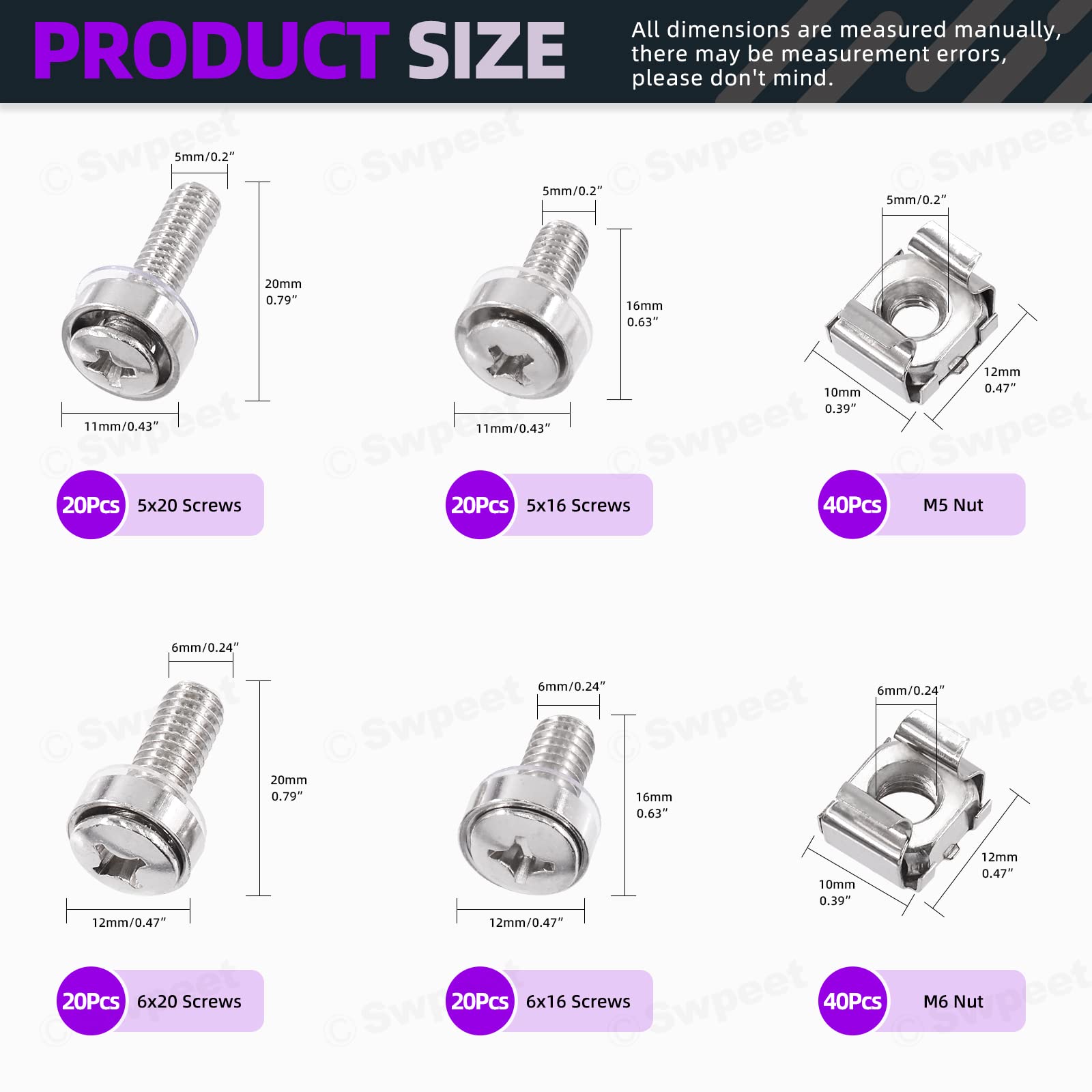 Swpeet 80Packs 4 Sizes M5 M6 Silver Computer Mount Cage Nuts and Screws with Metal & Plastic Washers Assortment Kit, Square Hole Hardware Cage Nuts & Mounting Screws Washers for Rack