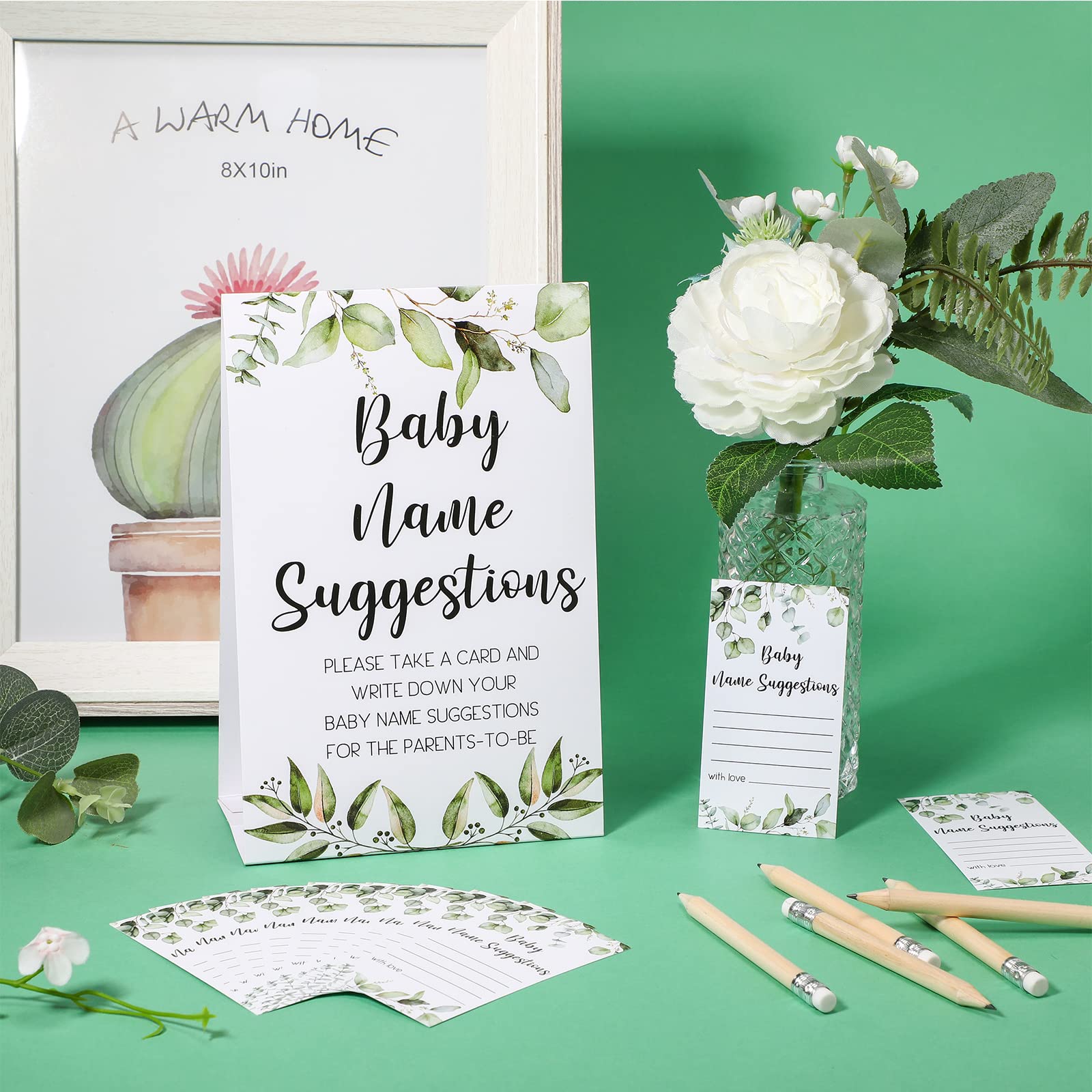 61 Pieces Baby Shower Games Include Greenery Baby Name Suggestion Sign and 50 Baby Shower Name Suggestion Cards with 10 Pencils for Baby Shower Party Decor