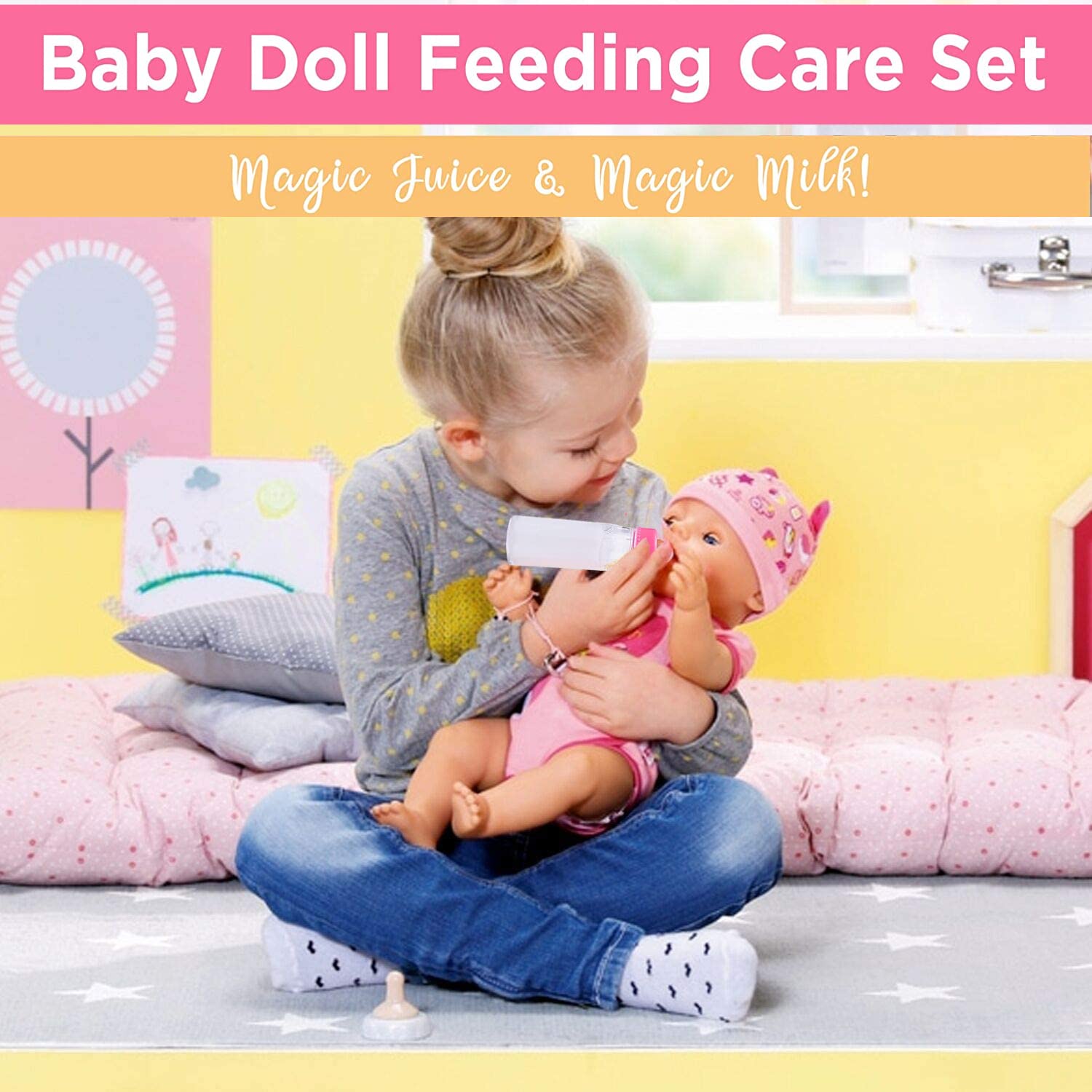 28 PCS Baby Doll Accessories Complete Car Set - Doll Feeding Pretend Playset for Kids, Girls with Magic Milk Bottles in a Storage Bag