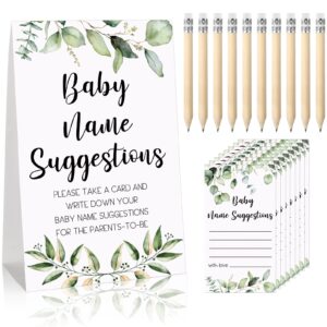 61 Pieces Baby Shower Games Include Greenery Baby Name Suggestion Sign and 50 Baby Shower Name Suggestion Cards with 10 Pencils for Baby Shower Party Decor