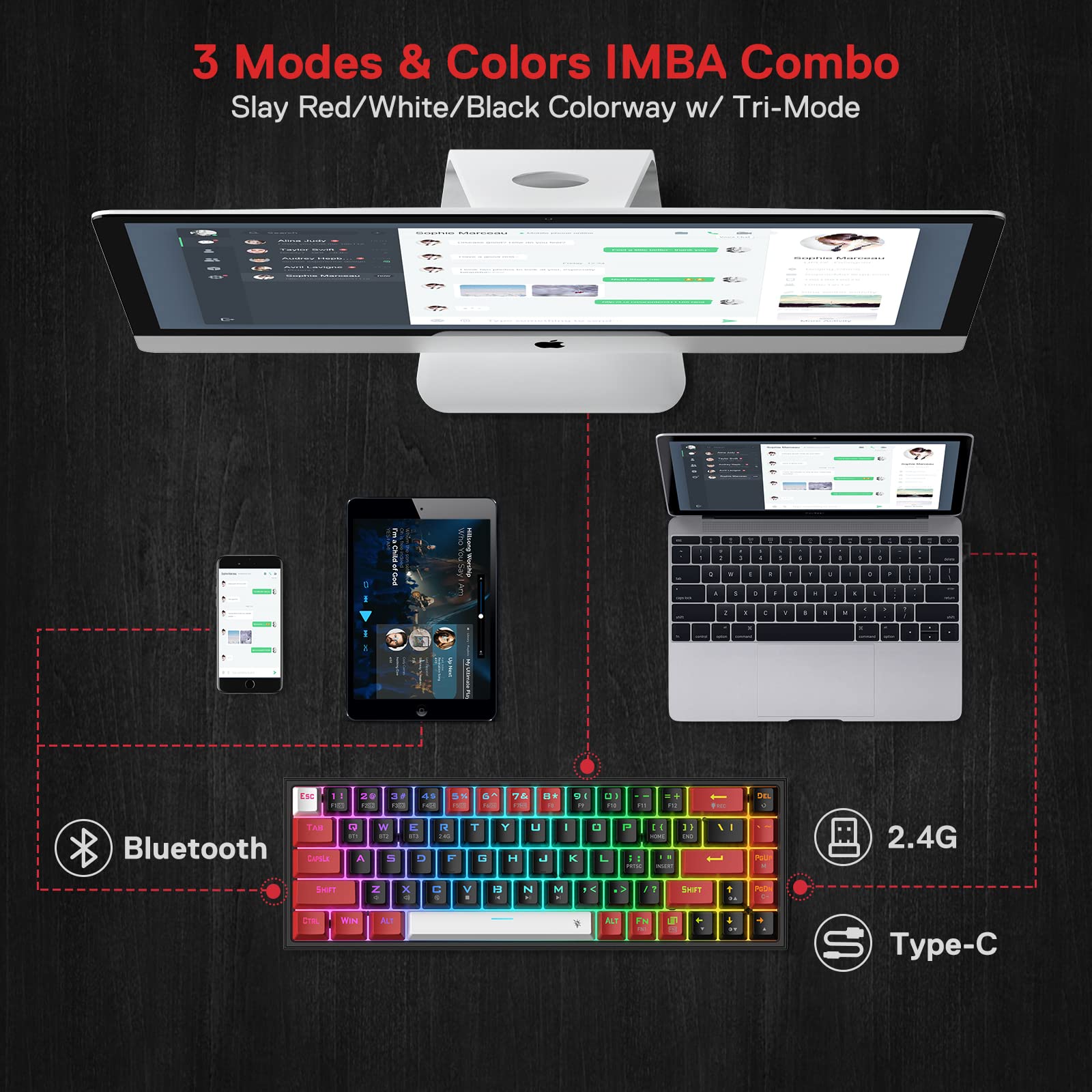 Redragon K631 PRO 65% 3-Mode Wireless RGB Gaming Keyboard, 68 Keys Hot-Swappable Compact Mechanical Keyboard w/Hot-Swap Free-Mod PCB Socket & Dedicated Arrow Keys, Quiet Red Linear Switch