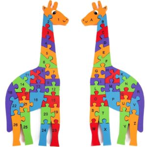 LovesTown Giraffe Wooden Puzzle, 26PCS Jigsaw Puzzle Alphabet and Number Blocks Wooden Building Blocks for Kid Preschool