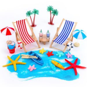 minatee 25 pcs beach miniature dollhouse decoration, umbrella palm chair miniature toys garden decorations dollhouse outdoor accessories beach decorations for diy garden plant pool (red, blue)