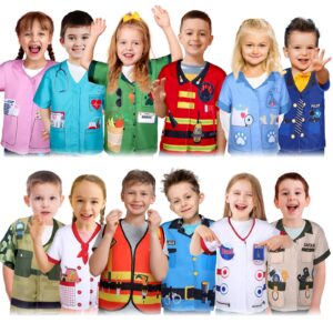 Jiuguva 12 Pcs Kids Pretend Play Costumes Firefighters Police Officers Astronauts Racers Unisex Cosplay Set(Classic)