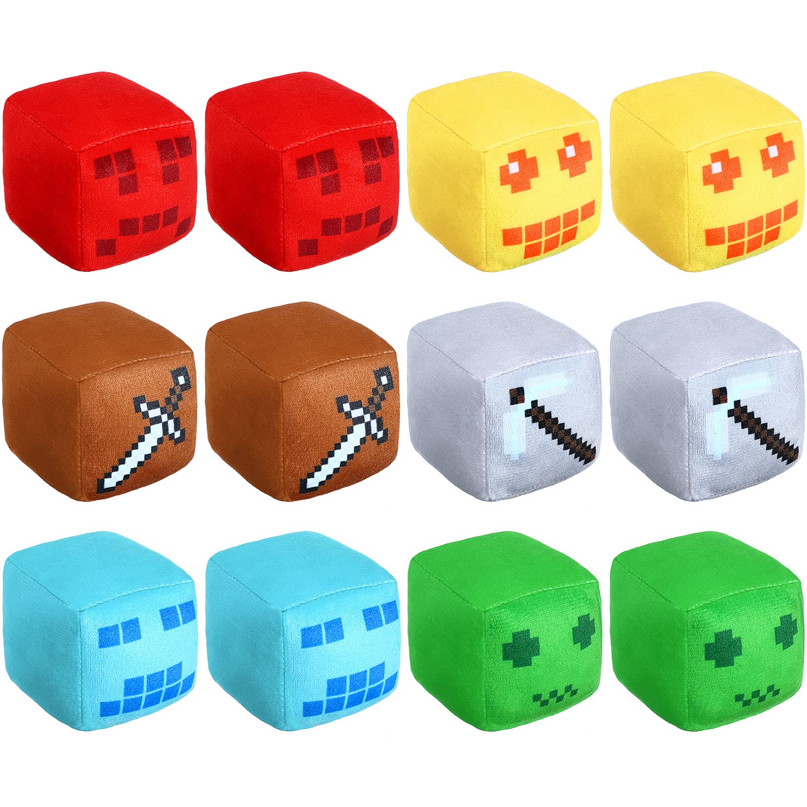 Hungdao 12 Pcs Plush Pixel Square Cubes Soft Miner Game Plush Toys Square Pixel Miner Stuffed Animals Doll Toy for Video Game Fans Birthday Party Favor Home Decor Classroom Rewards Gifts, 6 Styles