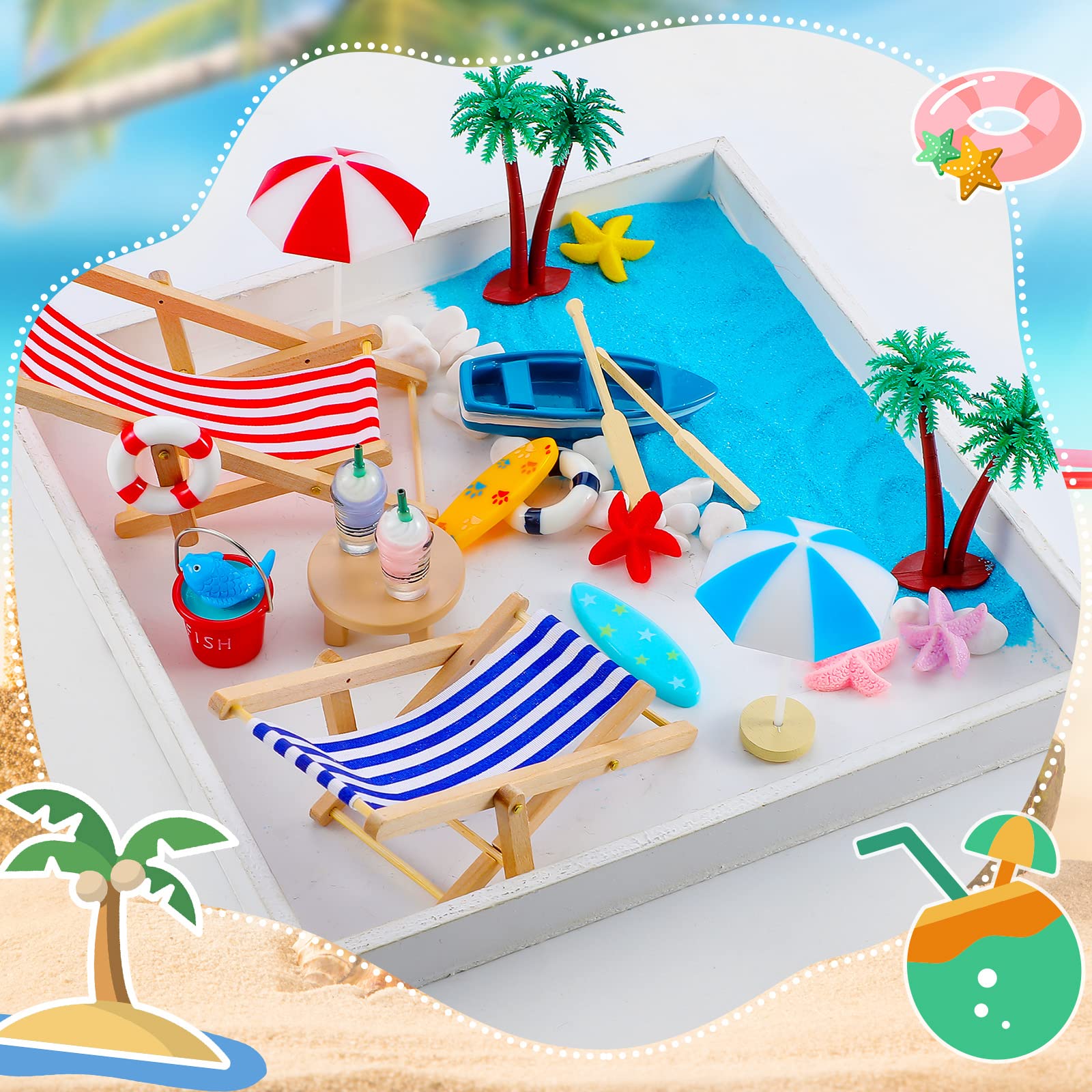 Minatee 25 Pcs Beach Miniature Dollhouse Decoration, Umbrella Palm Chair Miniature Toys Garden Decorations Dollhouse Outdoor Accessories Beach Decorations for DIY Garden Plant Pool (Red, Blue)