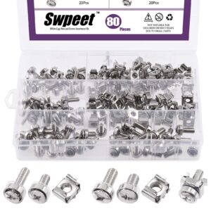 Swpeet 80Packs 4 Sizes M5 M6 Silver Computer Mount Cage Nuts and Screws with Metal & Plastic Washers Assortment Kit, Square Hole Hardware Cage Nuts & Mounting Screws Washers for Rack