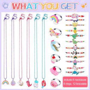 24 Pcs Little Girl Jewelry Set Kids Unicorn Necklace Cute Woven Bracelet Ring for Girls Pretend Dress up Party Favor (Cute Style)