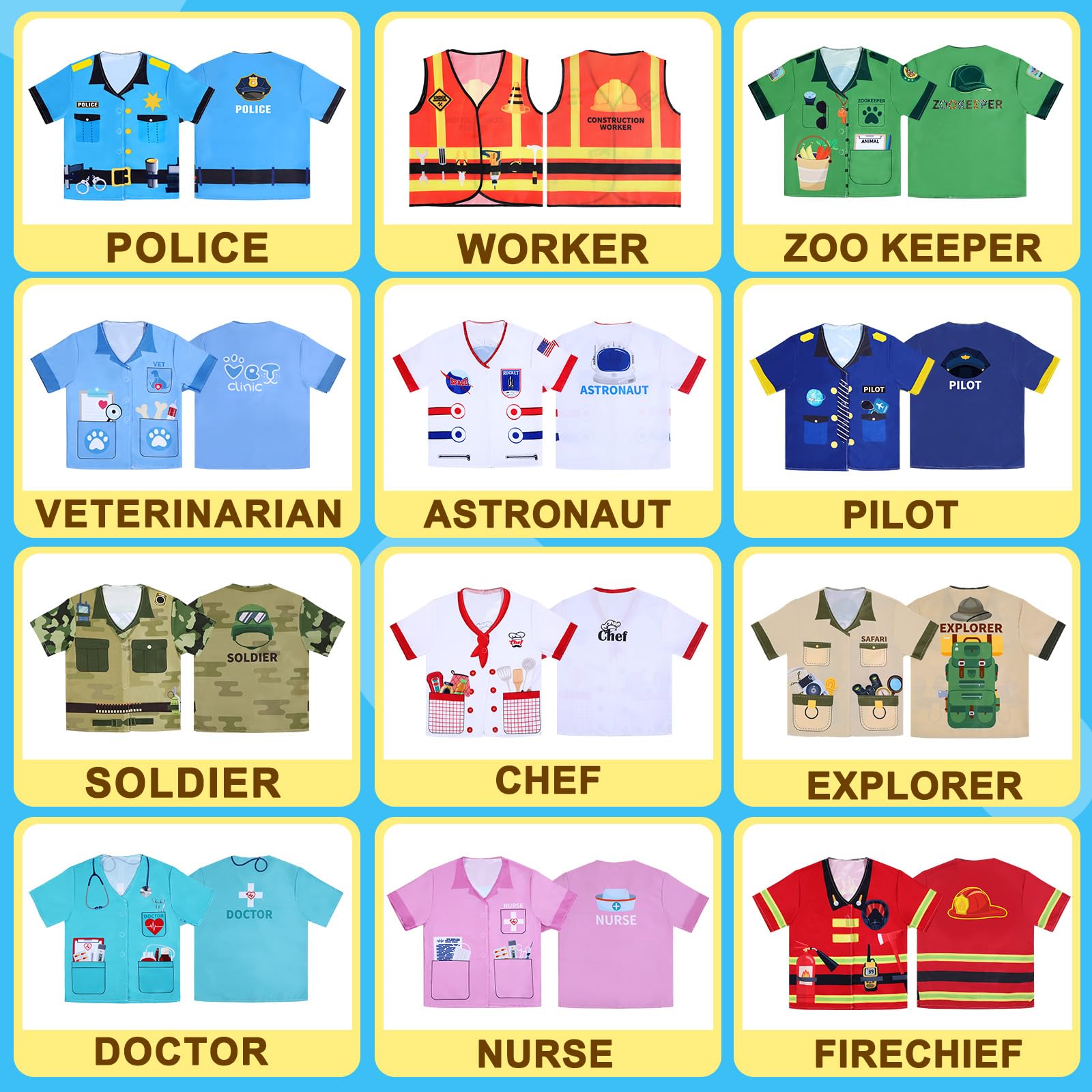 Jiuguva 12 Pcs Kids Pretend Play Costumes Firefighters Police Officers Astronauts Racers Unisex Cosplay Set(Classic)