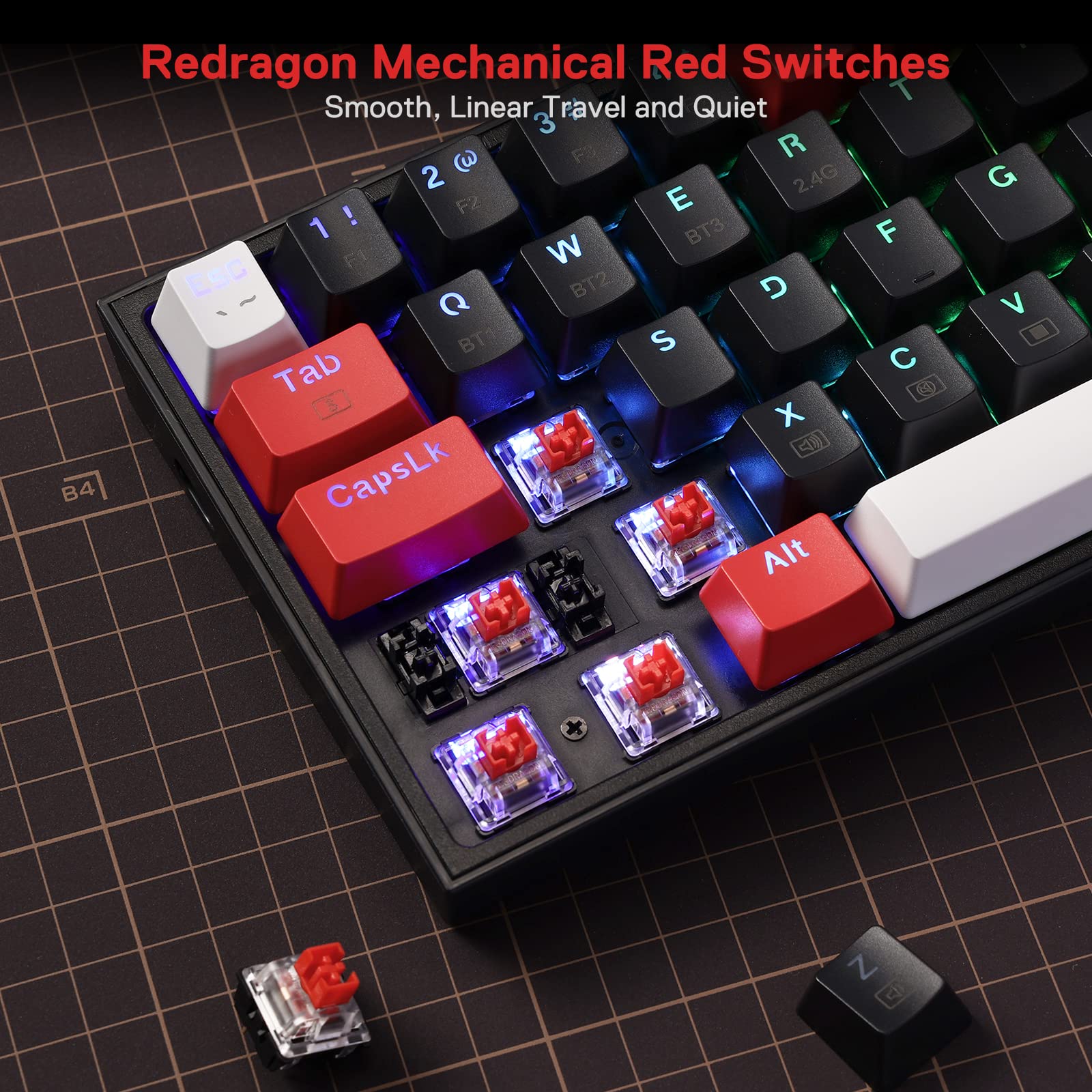 Redragon K631 PRO 65% 3-Mode Wireless RGB Gaming Keyboard, 68 Keys Hot-Swappable Compact Mechanical Keyboard w/Hot-Swap Free-Mod PCB Socket & Dedicated Arrow Keys, Quiet Red Linear Switch