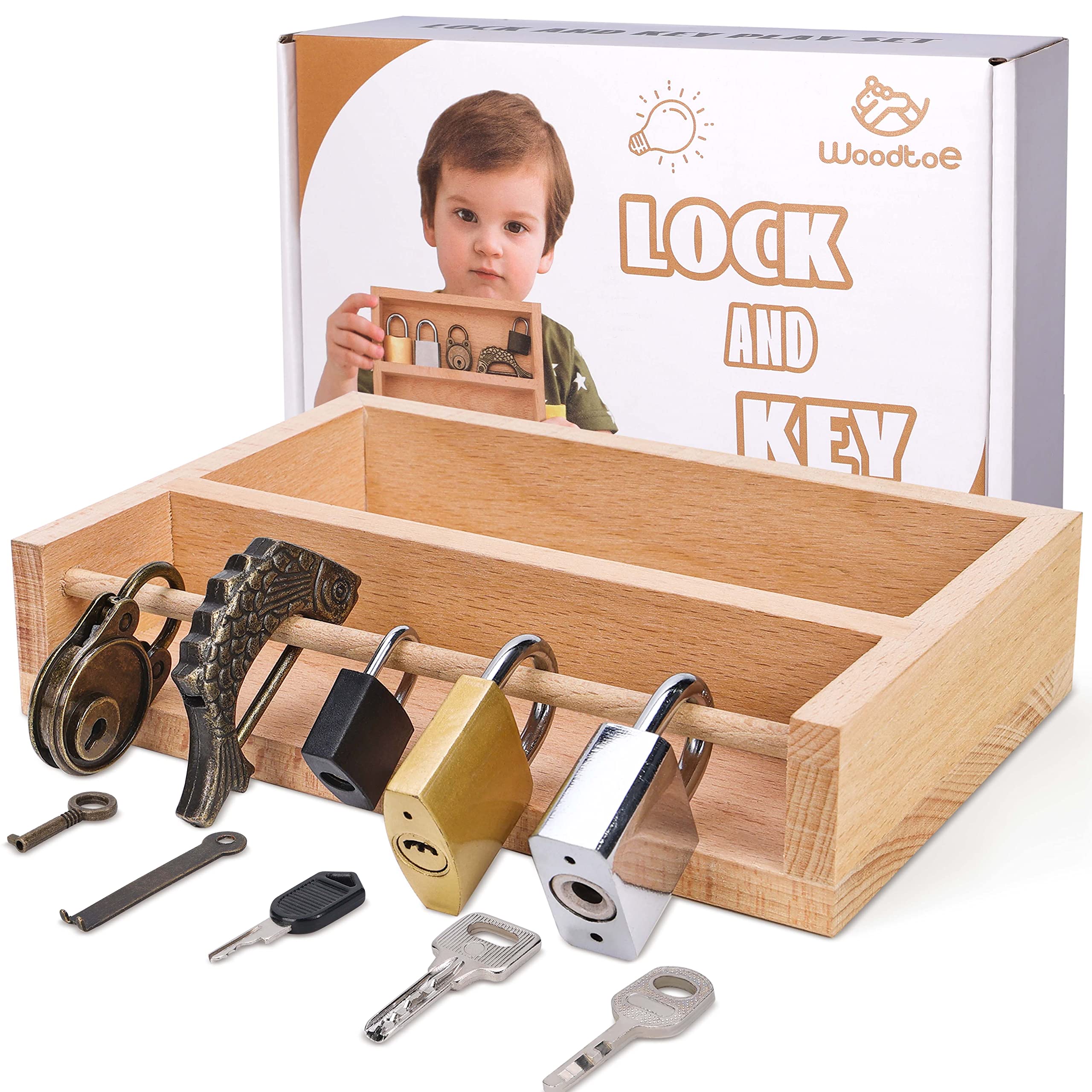 Woodtoe Montessori Lock and Key Toy Set for Kids, Educational Lock Set Keys, Wooden Learning Montessori Materials for 3 4 5 6 Toddlers, Preschool, Home Classroom STEM Educational Birthday Toys