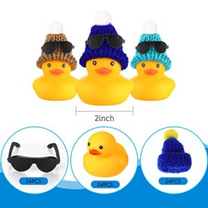 24 Pcs Mini Rubber Ducks in Bulk with 24 Sunglasses and 24 Hats, Yellow Small Mini Ducks Bathtub Toys Bath Toy for Cruise Baby Shower Kids Gift Holiday Birthday Party Favors