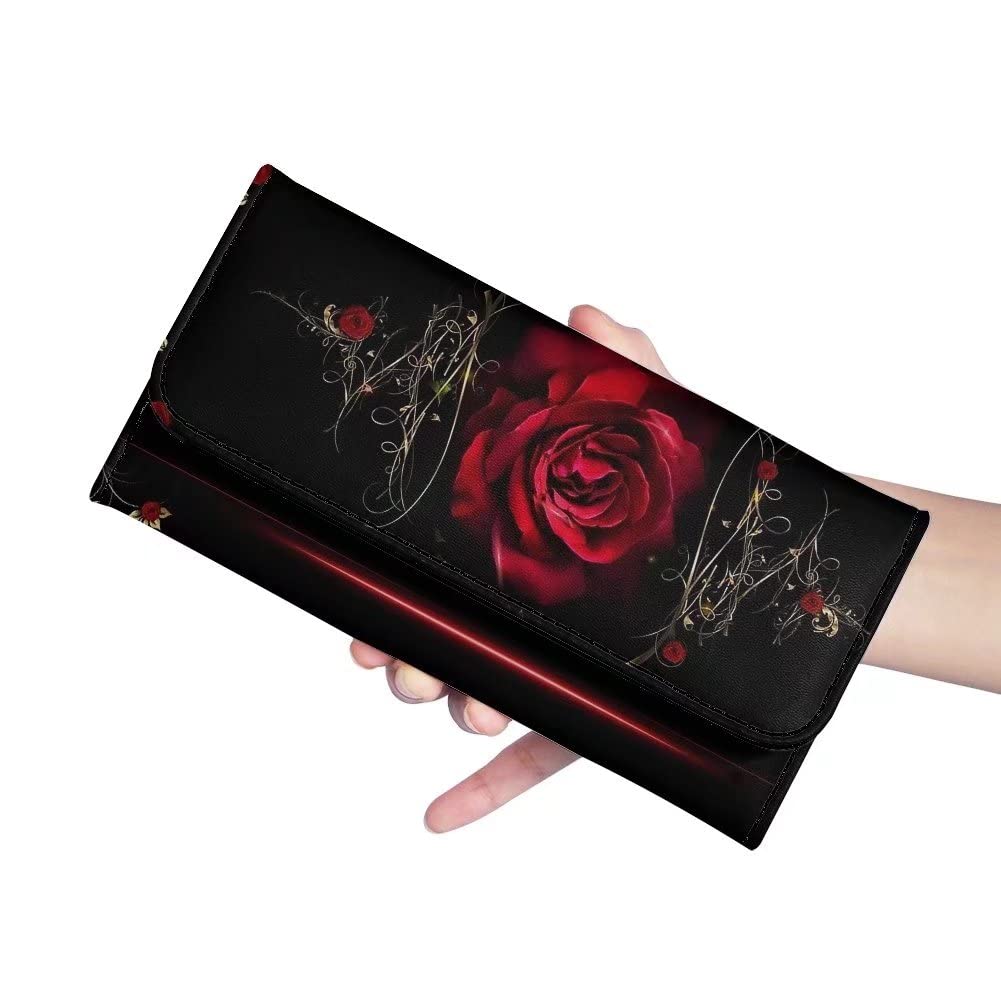 Howilath Red Rose Flower Pattern Women Trifold Wallet Large Capacity Credit Card Holder Organizer Clutch Purse Travel Money Bags