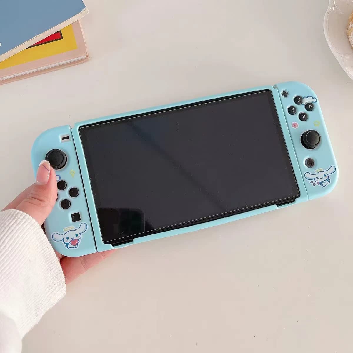 Cute Cinnamon roll Case Compatible with Nintendo Switch OLED, Dockable Case Cover, Ergonomic Soft TPU Grip Case for Joycon, Sparkle Skin Set