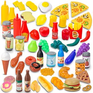 toyvelt 70-piece play food sets for kids kitchen, bpa free toy food, ideal kitchen playset gift for christmas, birthday, safe toddler play kitchen, durable, round edges