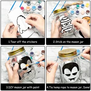 Haooryx 21Pcs DIY Halloween Mason Jar Sticker Set, DIY Your Own Mason Jar Art Craft Kit Sticker Pigment Paintbrush Hemp Rope for Halloween Party Home Decorations Classroom DIY Art Project Kids Gift