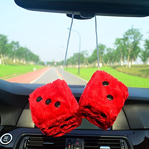 Pair 3” Purple with White Dots Mirror Fuzzy Plush Dice, Purple and White Soft Plush Car Decorative Hanging Ornament.