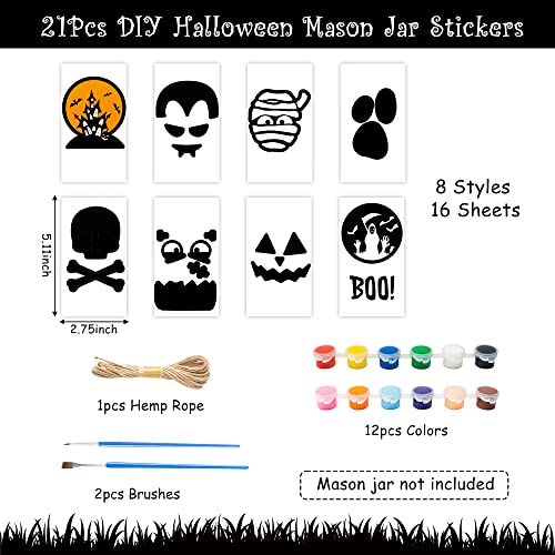 Haooryx 21Pcs DIY Halloween Mason Jar Sticker Set, DIY Your Own Mason Jar Art Craft Kit Sticker Pigment Paintbrush Hemp Rope for Halloween Party Home Decorations Classroom DIY Art Project Kids Gift