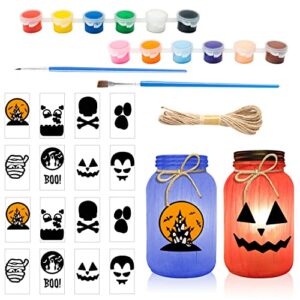 Haooryx 21Pcs DIY Halloween Mason Jar Sticker Set, DIY Your Own Mason Jar Art Craft Kit Sticker Pigment Paintbrush Hemp Rope for Halloween Party Home Decorations Classroom DIY Art Project Kids Gift