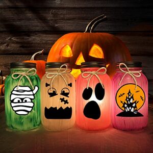 Haooryx 21Pcs DIY Halloween Mason Jar Sticker Set, DIY Your Own Mason Jar Art Craft Kit Sticker Pigment Paintbrush Hemp Rope for Halloween Party Home Decorations Classroom DIY Art Project Kids Gift