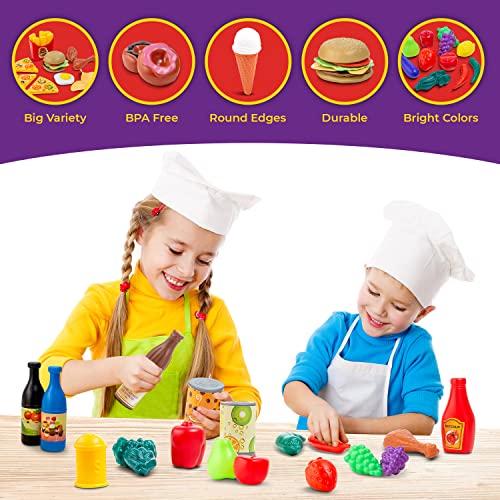 ToyVelt 70-Piece Play Food Sets for Kids Kitchen, BPA Free Toy Food, Ideal Kitchen Playset Gift for Christmas, Birthday, Safe Toddler Play Kitchen, Durable, Round Edges