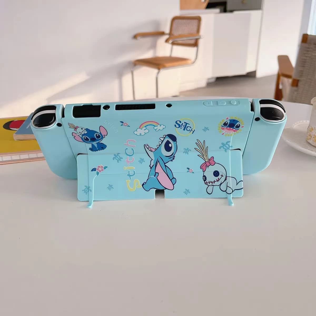 Cute Stitch Case Compatible with Nintendo Switch OLED, Dockable Case Cover, Ergonomic Soft TPU Grip Case for Joycon, Sparkle Skin Set