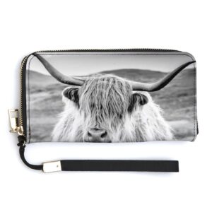 donnapink scotland highland cattle cow landscape black white soft pu leather clutch long bifold wallet, coin purse credit pass case, unisex durable card-holder slim billfold money storage