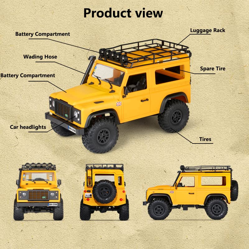 FMTStore MN98 RTR Model 1/12 2.4G 4WD Climbing Rock Crawler Off-Road RC Truck Car Upgrade Parts Land Rover Defender Vehicles Indoor Toys Models for Kids and Adults - Yellow