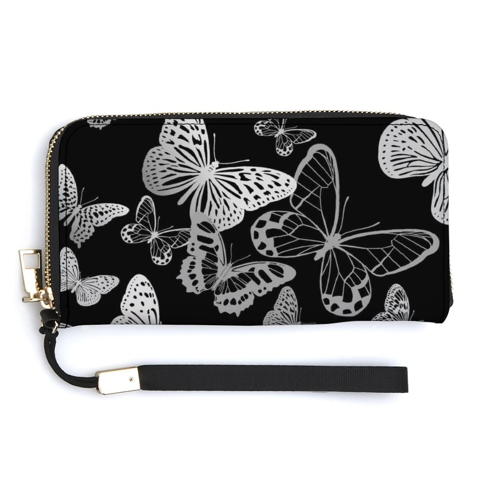 Silver White Flying Butterflies Luxury Gold Foil Butterfly on Black Soft PU Leather Clutch Long Bifold Wallet, Coin Purse Credit Pass Case, Unisex Durable Card-Holder Slim Billfold Money Storage