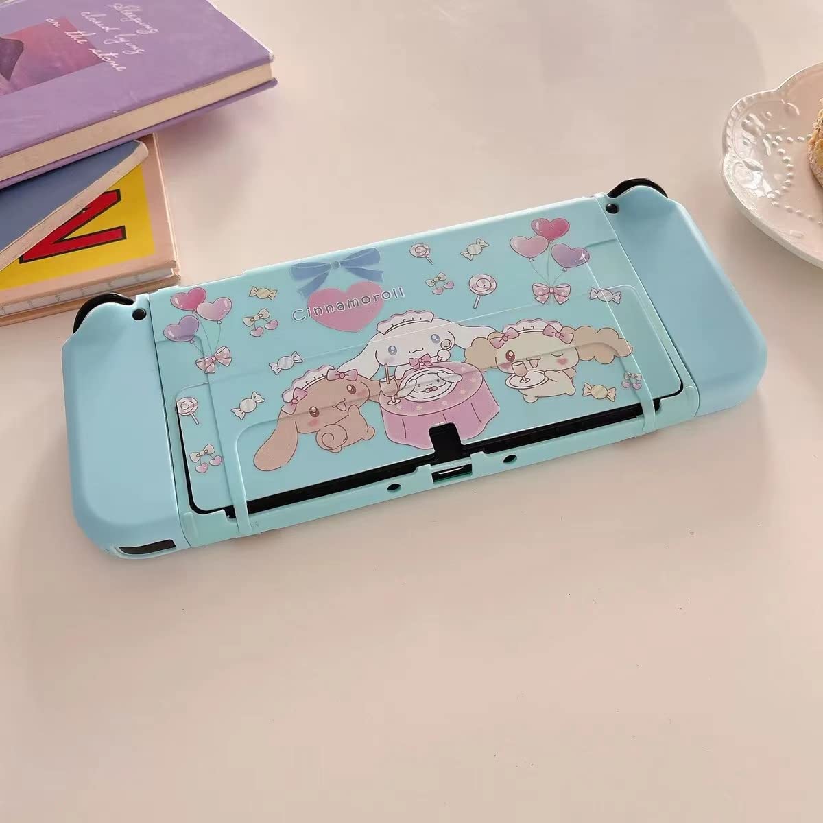 Cute Cinnamon roll Case Compatible with Nintendo Switch OLED, Dockable Case Cover, Ergonomic Soft TPU Grip Case for Joycon, Sparkle Skin Set