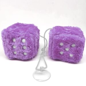 Pair 3” Purple with White Dots Mirror Fuzzy Plush Dice, Purple and White Soft Plush Car Decorative Hanging Ornament.