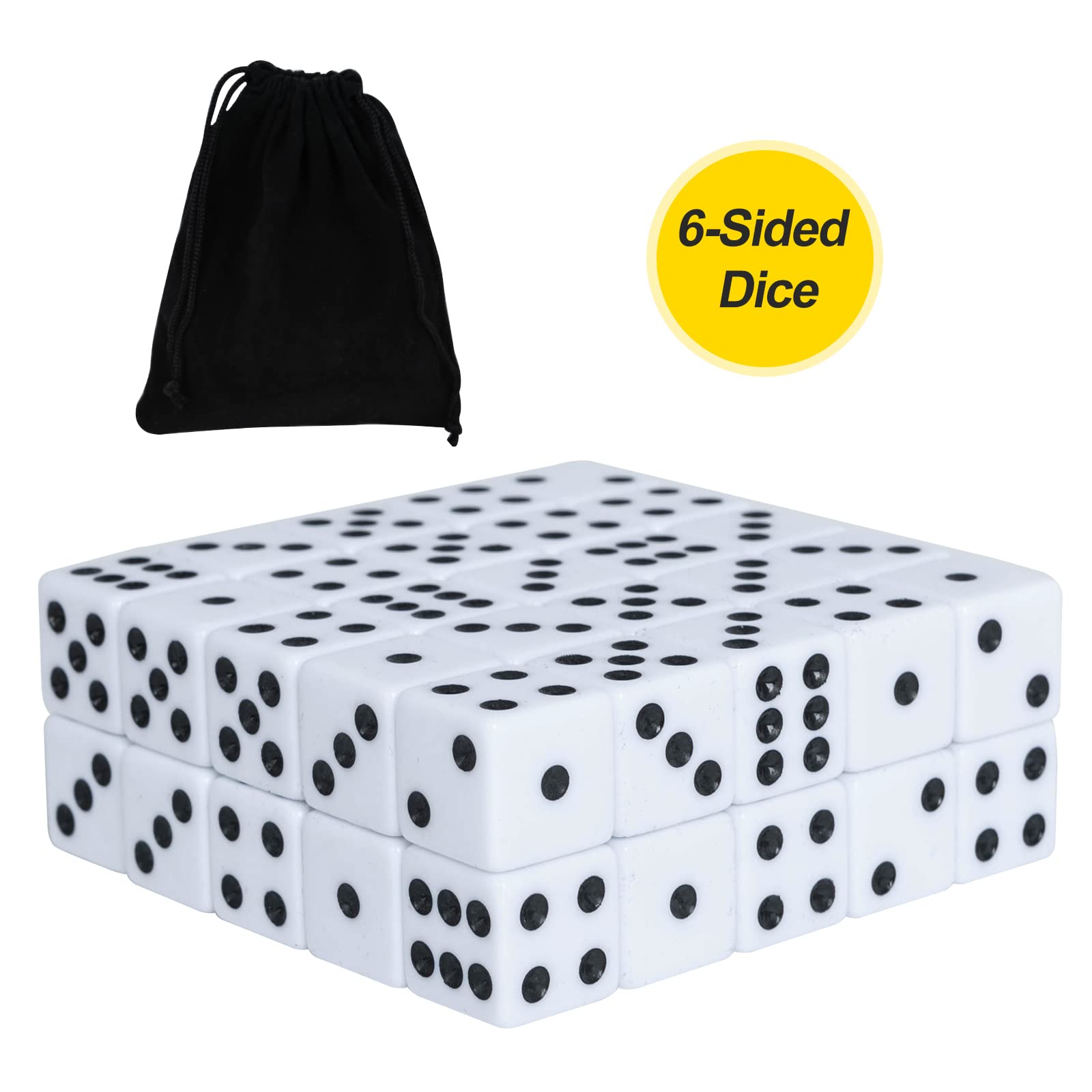 50 Pack 16MM White Dice - Six Sided Standard Opaque White Dice with Black Pips Dots for Board Games