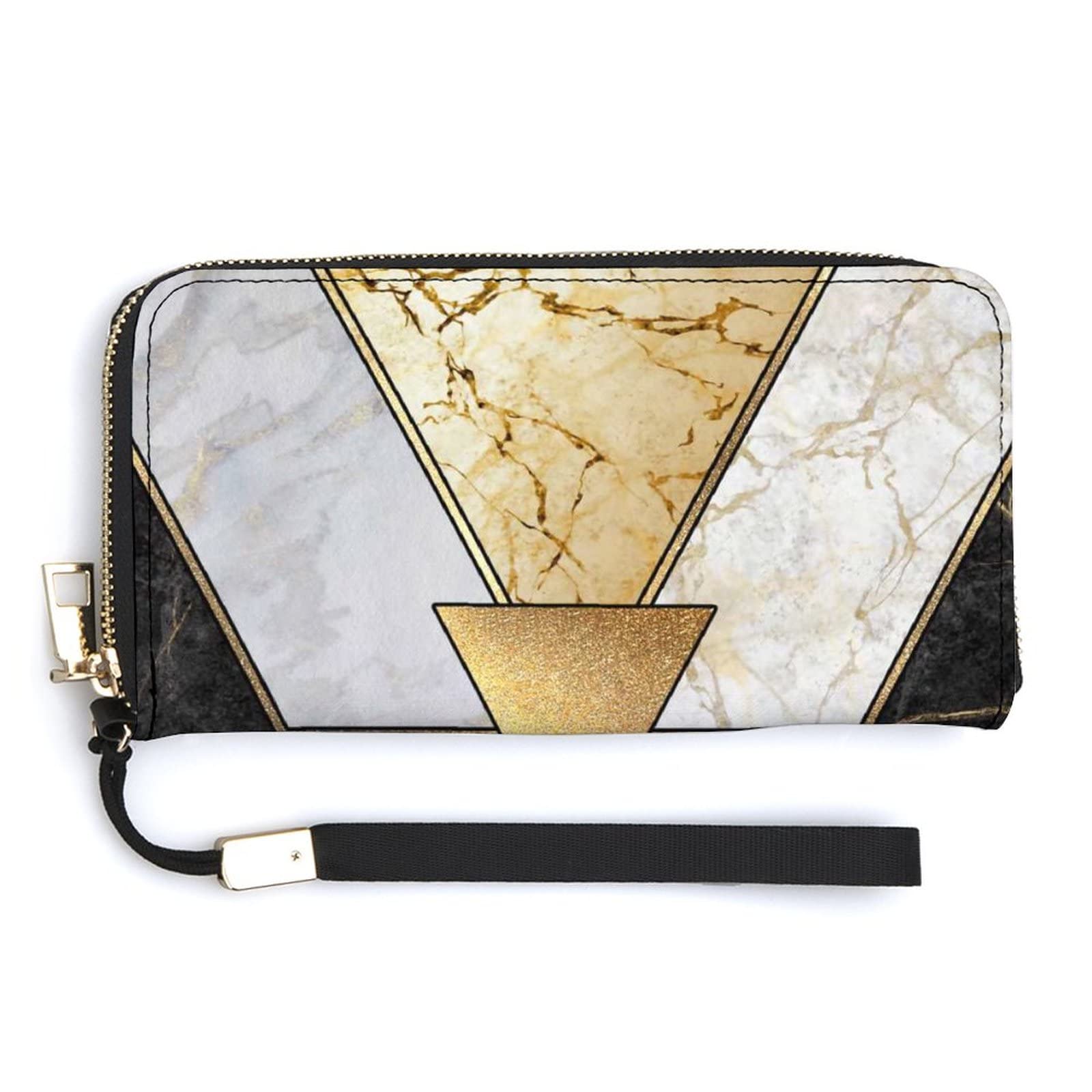 Modern Marbling Gold Black White Marble Geometric Triangle Granite Soft PU Leather Clutch Long Bifold Wallet, Coin Purse Credit Pass Case, Unisex Durable Card-Holder Slim Billfold Money Storage