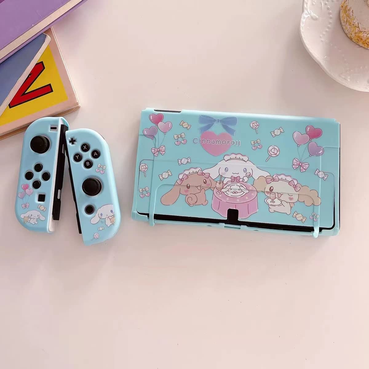 Cute Cinnamon roll Case Compatible with Nintendo Switch OLED, Dockable Case Cover, Ergonomic Soft TPU Grip Case for Joycon, Sparkle Skin Set