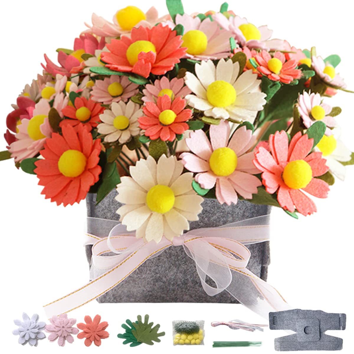 DIY Felt Flower Art Craft Kit,DIY Felt Daisy Bouquet Kit, Floral Gifts,Beginner Craft Kit,Arrange Pre-Cut Felt Flowers and Foliage