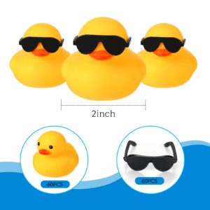 60 Pcs Rubber Duck in Bulk with 60 Sunglasses, Mini Yellow Rubber Duck Gifts Bath Float Bathtub Toys Tiny Ducks for Cruise Holiday Baby Shower Decoration Birthday Party Favors Supplies