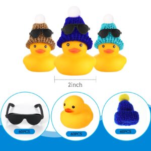 60 Pcs Mini Rubber Duck in Bulk with Sunglasses and Knitting Hats Sets, Yellow Rubber Ducky Valentine Duck Bath Toy Ducks Bathtub Toys for Gift Cruise Classroom Prizes Baby Shower Birthday Party