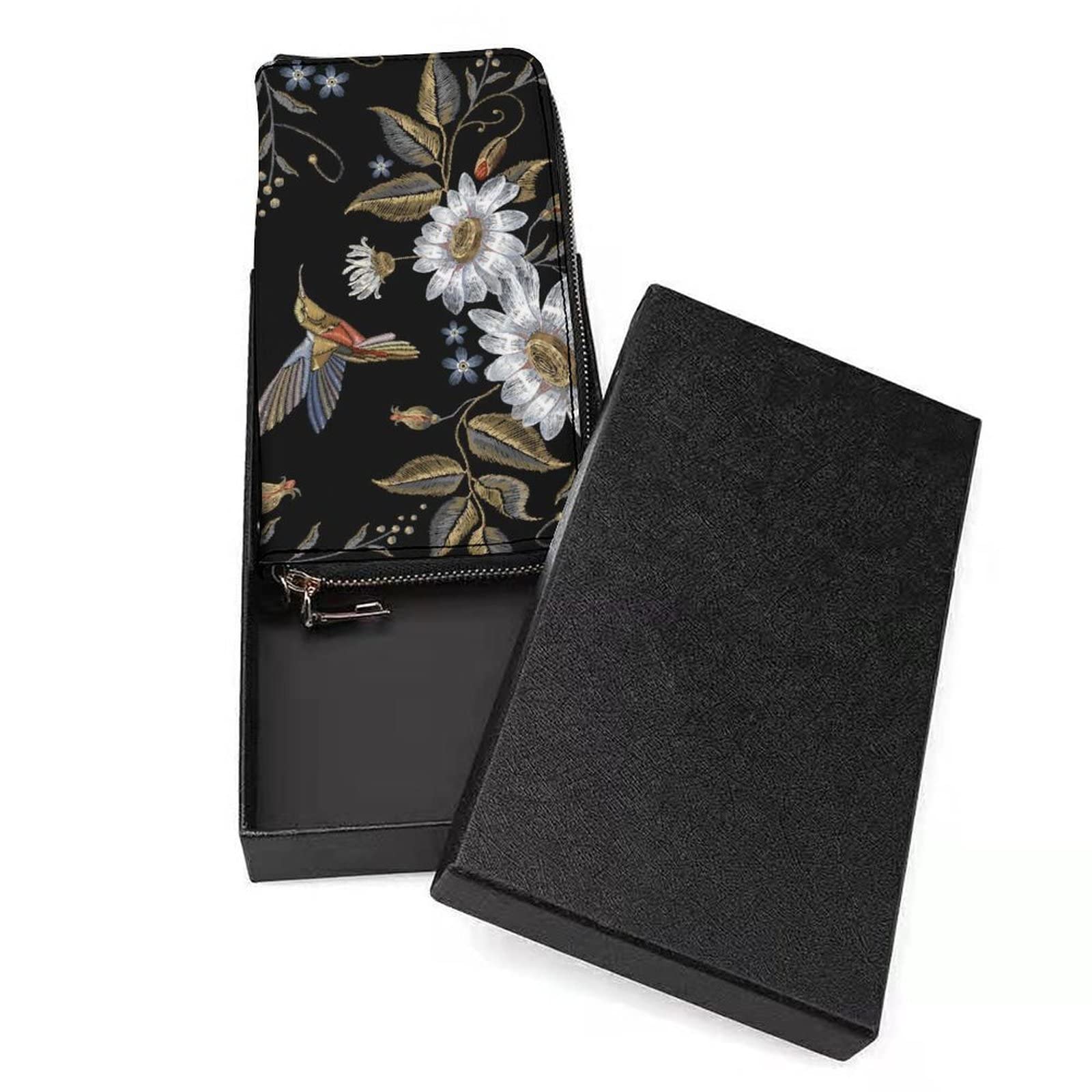 Donnapink Humming Bird and White Chamomile Flower Embroidery on Black Soft PU Leather Clutch Long Bifold Wallet, Coin Purse Credit Pass Case, Unisex Durable Card-Holder Slim Billfold Money Storage