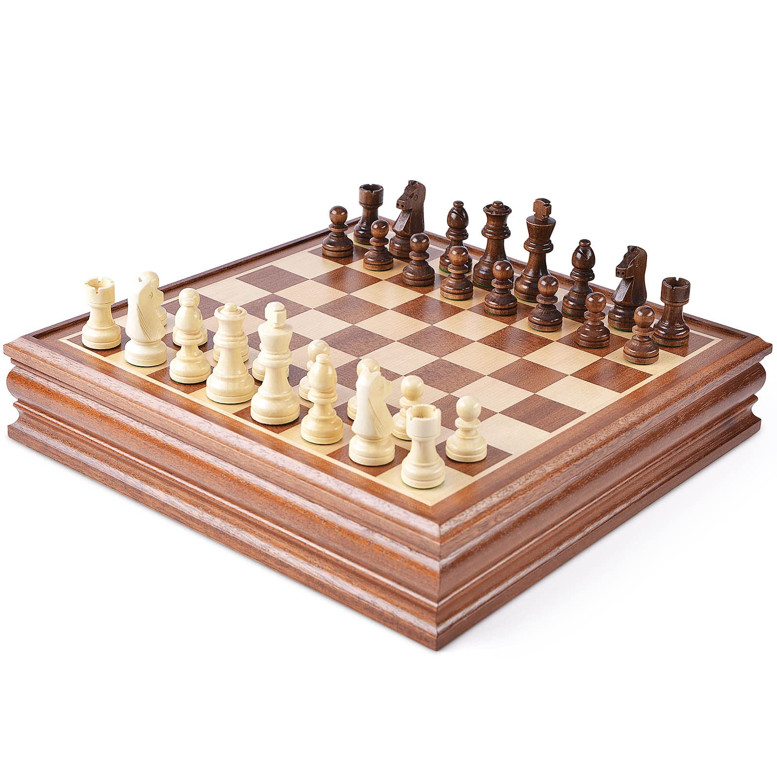 VAMSLOVE Chess and Checkers Board Game Sets for Adults Wooden Deluxe 15 inch Wood Board Box with Storage, Classic 2 in 1 Large Size with Chess Pieces - 3” King Height - 2 Extra Queens