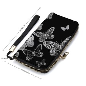 Silver White Flying Butterflies Luxury Gold Foil Butterfly on Black Soft PU Leather Clutch Long Bifold Wallet, Coin Purse Credit Pass Case, Unisex Durable Card-Holder Slim Billfold Money Storage