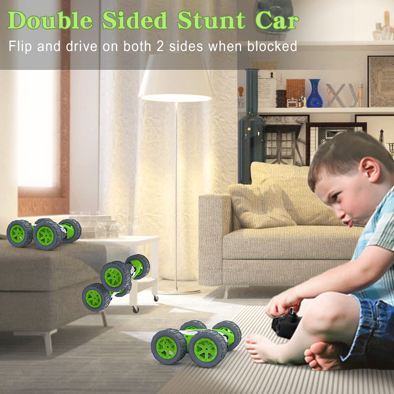 Remote Control Car for Boys 4-7, Rc Cars 2.4GHz 4WD Double Sided 360 Rotating with Sharp Dual-Color Headlights, Rc Stunt Car Birthday Xmas Gift for Boys Girls Kids 3 4 5 6 7 8-12 Years Old-Green