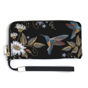 donnapink humming bird and white chamomile flower embroidery on black soft pu leather clutch long bifold wallet, coin purse credit pass case, unisex durable card-holder slim billfold money storage