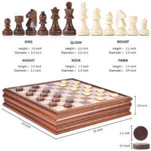 VAMSLOVE Chess and Checkers Board Game Sets for Adults Wooden Deluxe 15 inch Wood Board Box with Storage, Classic 2 in 1 Large Size with Chess Pieces - 3” King Height - 2 Extra Queens