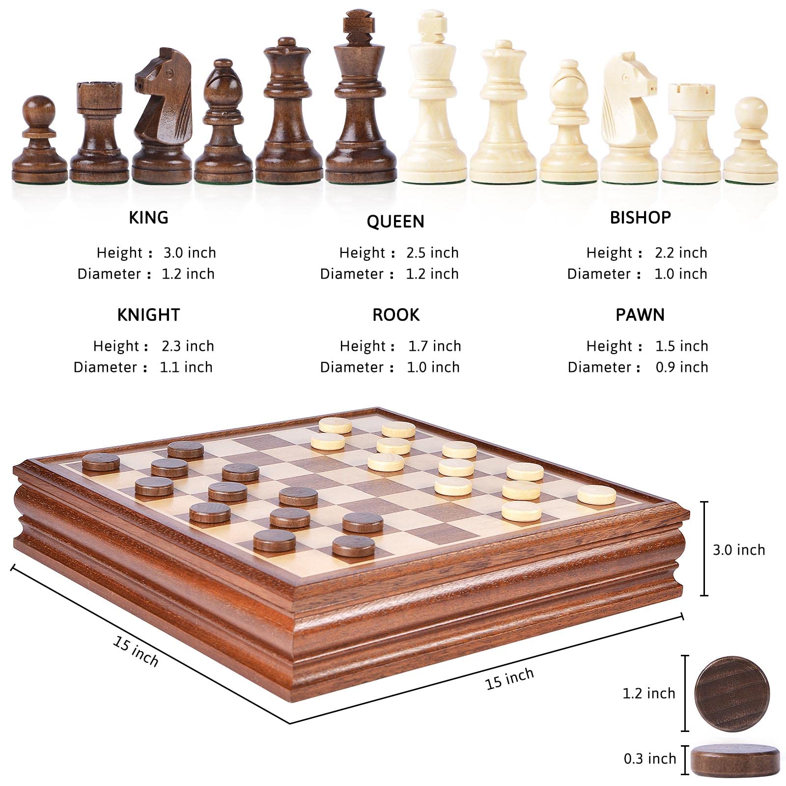 VAMSLOVE Chess and Checkers Board Game Sets for Adults Wooden Deluxe 15 inch Wood Board Box with Storage, Classic 2 in 1 Large Size with Chess Pieces - 3” King Height - 2 Extra Queens