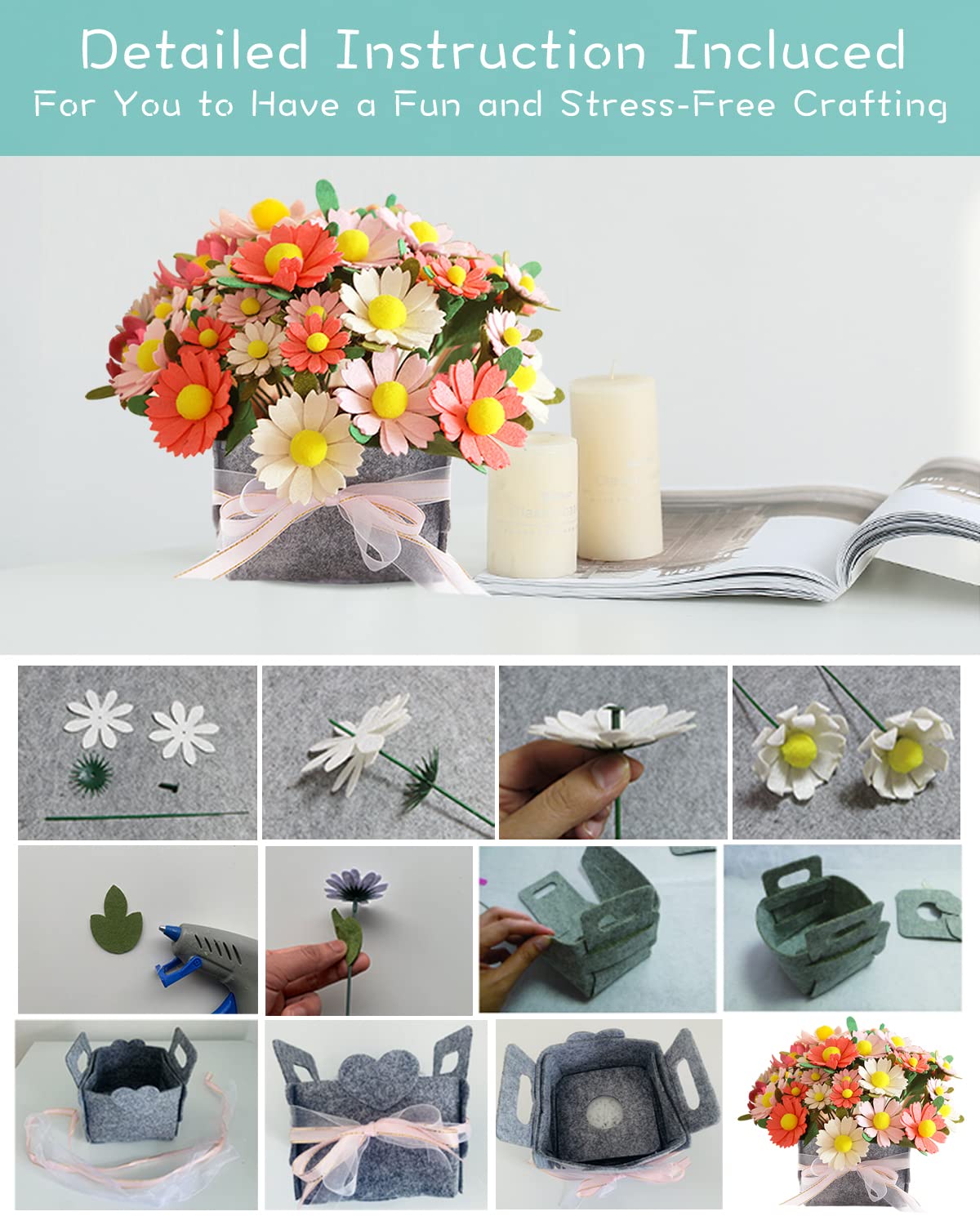 DIY Felt Flower Art Craft Kit,DIY Felt Daisy Bouquet Kit, Floral Gifts,Beginner Craft Kit,Arrange Pre-Cut Felt Flowers and Foliage