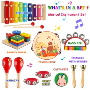 LOOIKOOS Kids Musical Instruments for Toddlers,Baby Musical Toys for Toddlers,Wooden Percussion Instruments Toys Tambourine Xylophone for Kids