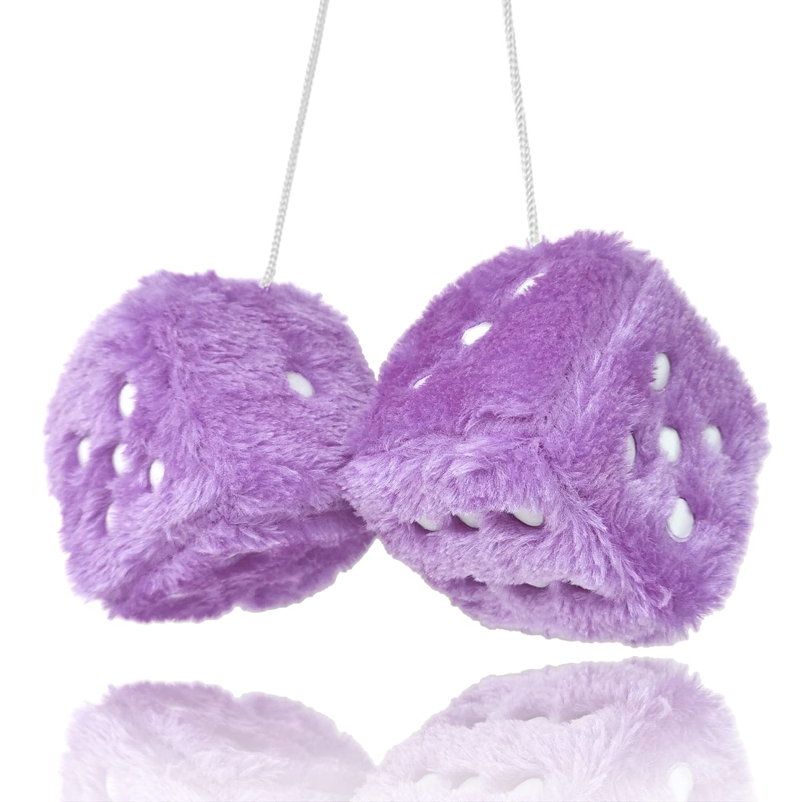 Pair 3” Purple with White Dots Mirror Fuzzy Plush Dice, Purple and White Soft Plush Car Decorative Hanging Ornament.